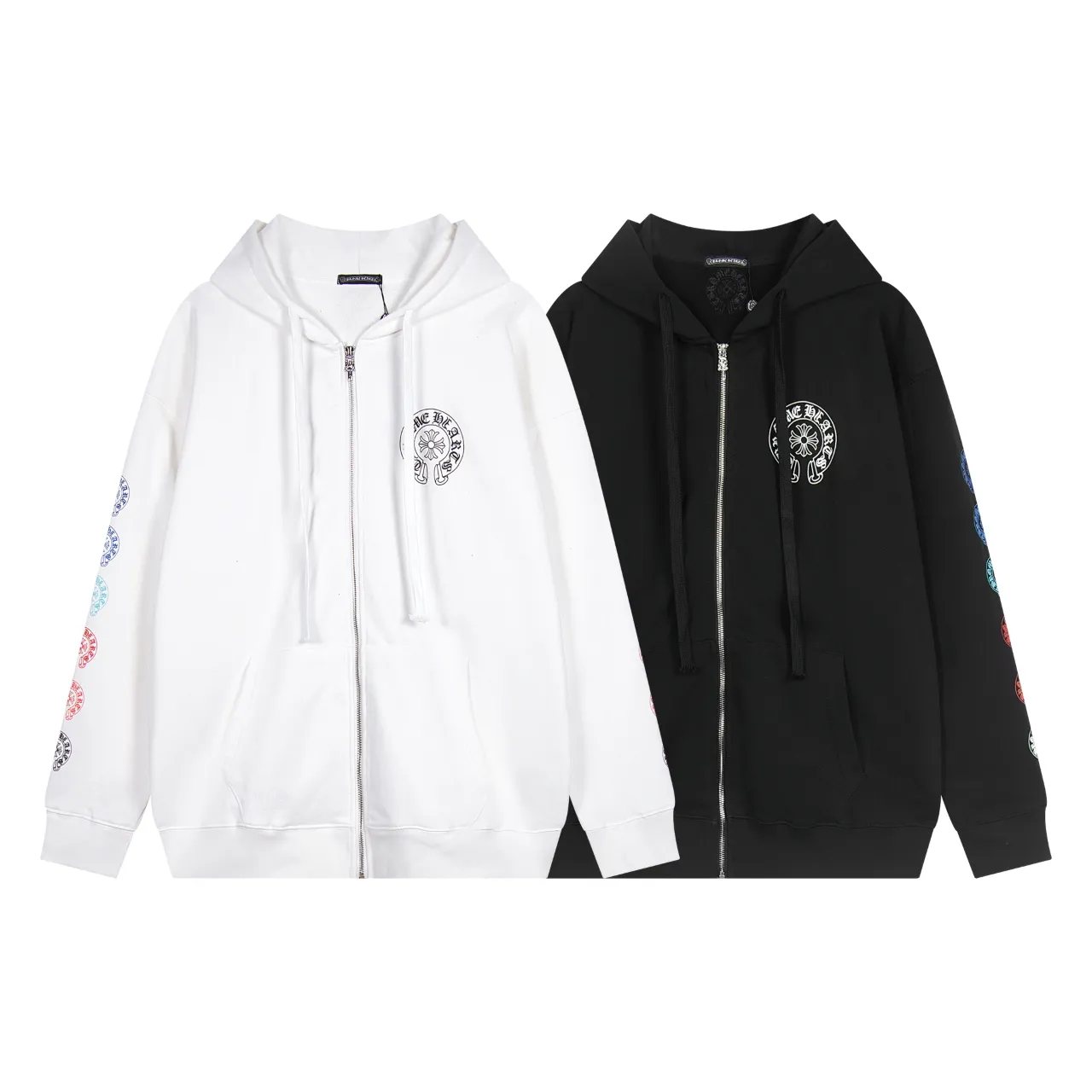 P290 Chrome Hearts Chrome Hearts Rainbow Horseshoe Stamped Cross Cardigan Hooded Sweatshirt Size: S M L XL Color: Black, White